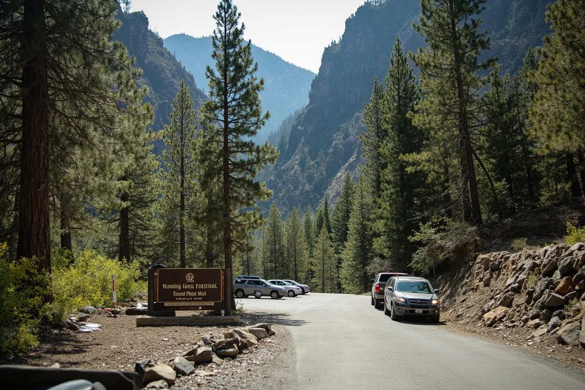 Running Eagle Falls trailhead with parking area and signage visible