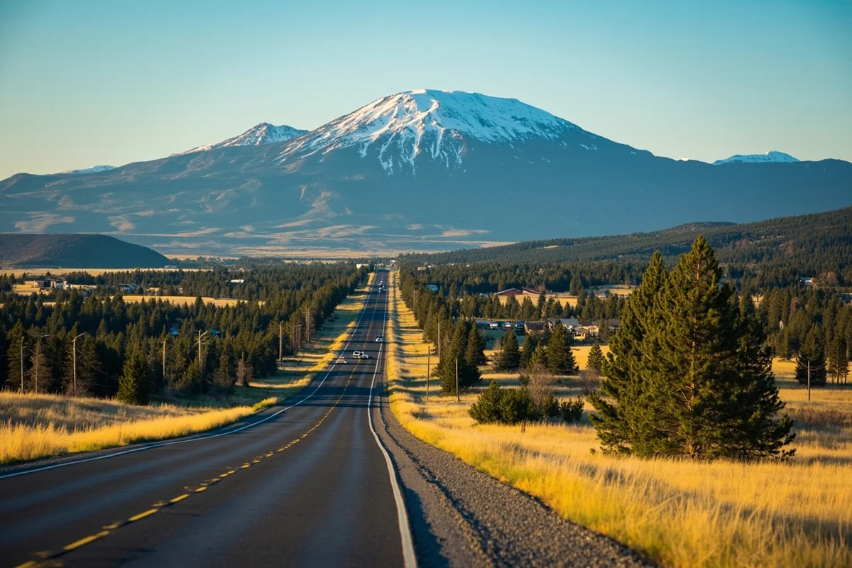 Rural Montana highway leading to Hot Springs town with mountain backdrop