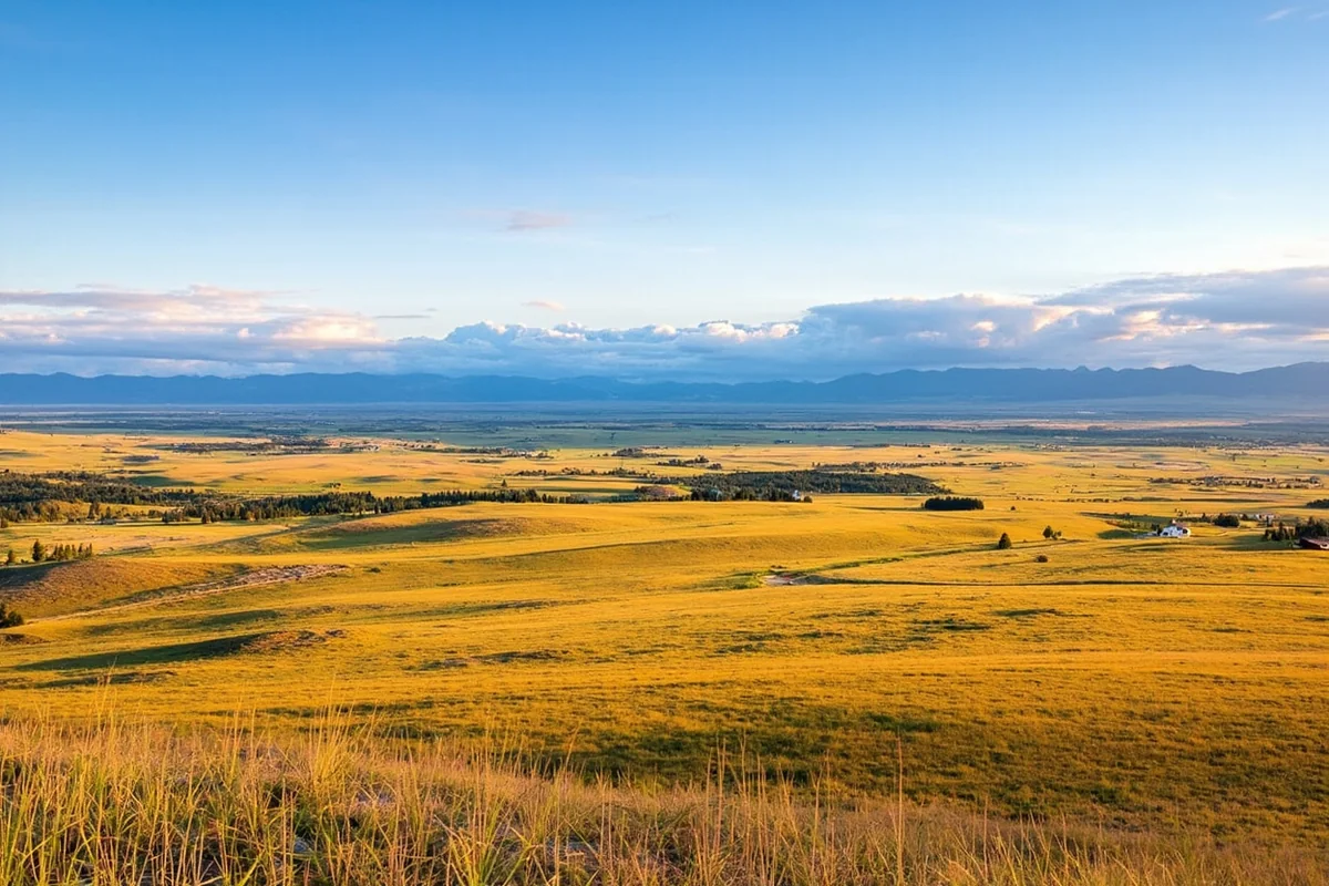 Rural Montana landscape with rolling hills, ranch land, and distant mountains