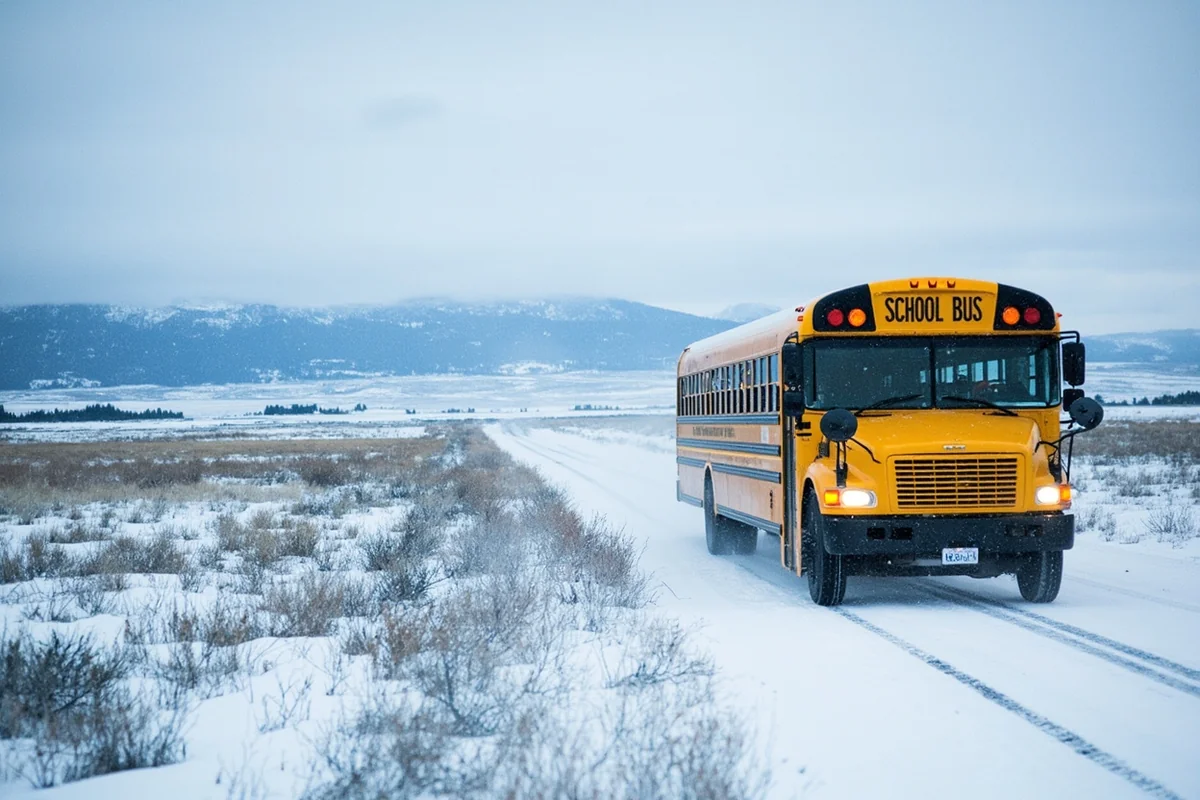 Rural Montana school bus traveling through snow-covered landscape