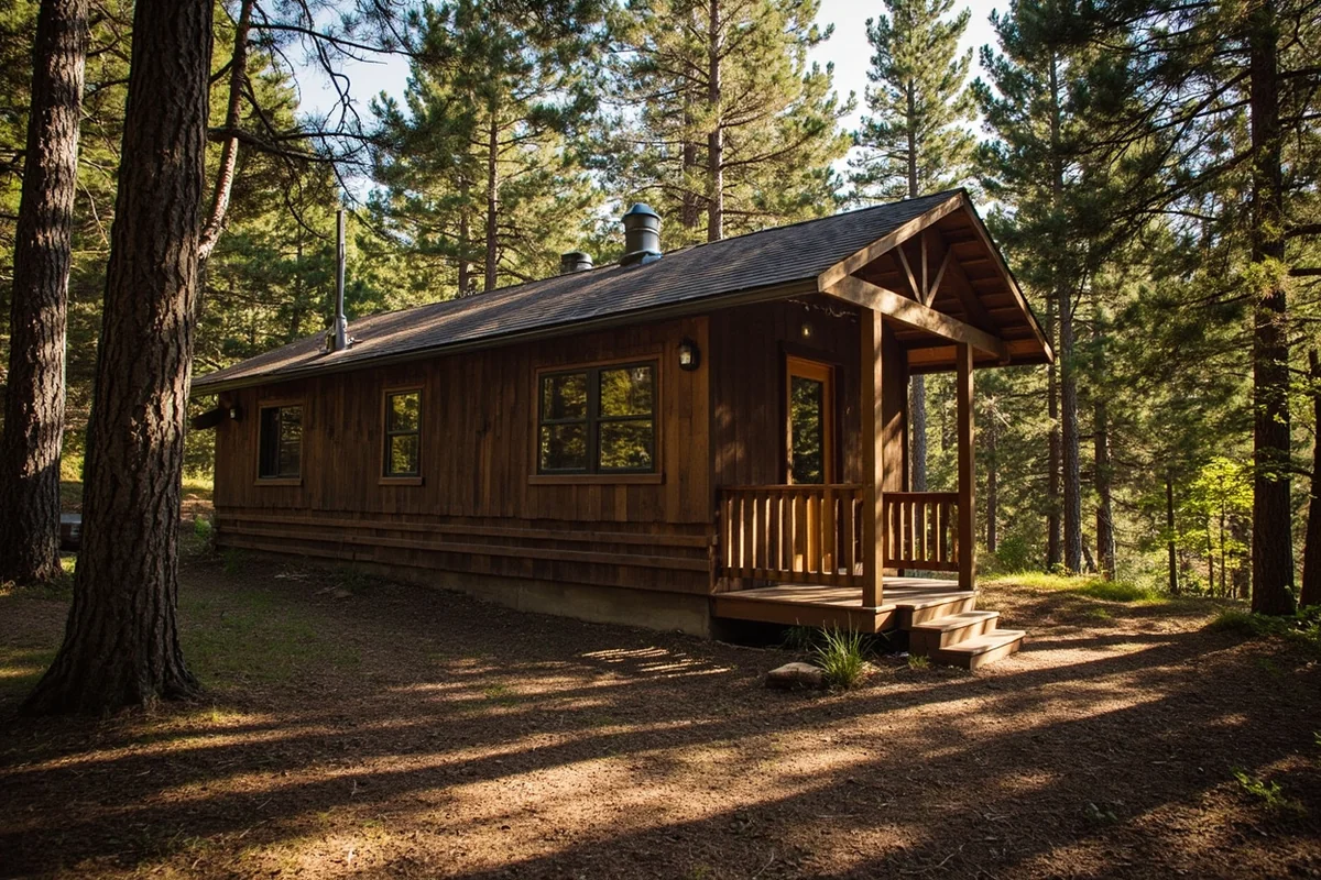 Rustic cabin exterior at Quinn's Hot Springs Resort with forest backdrop