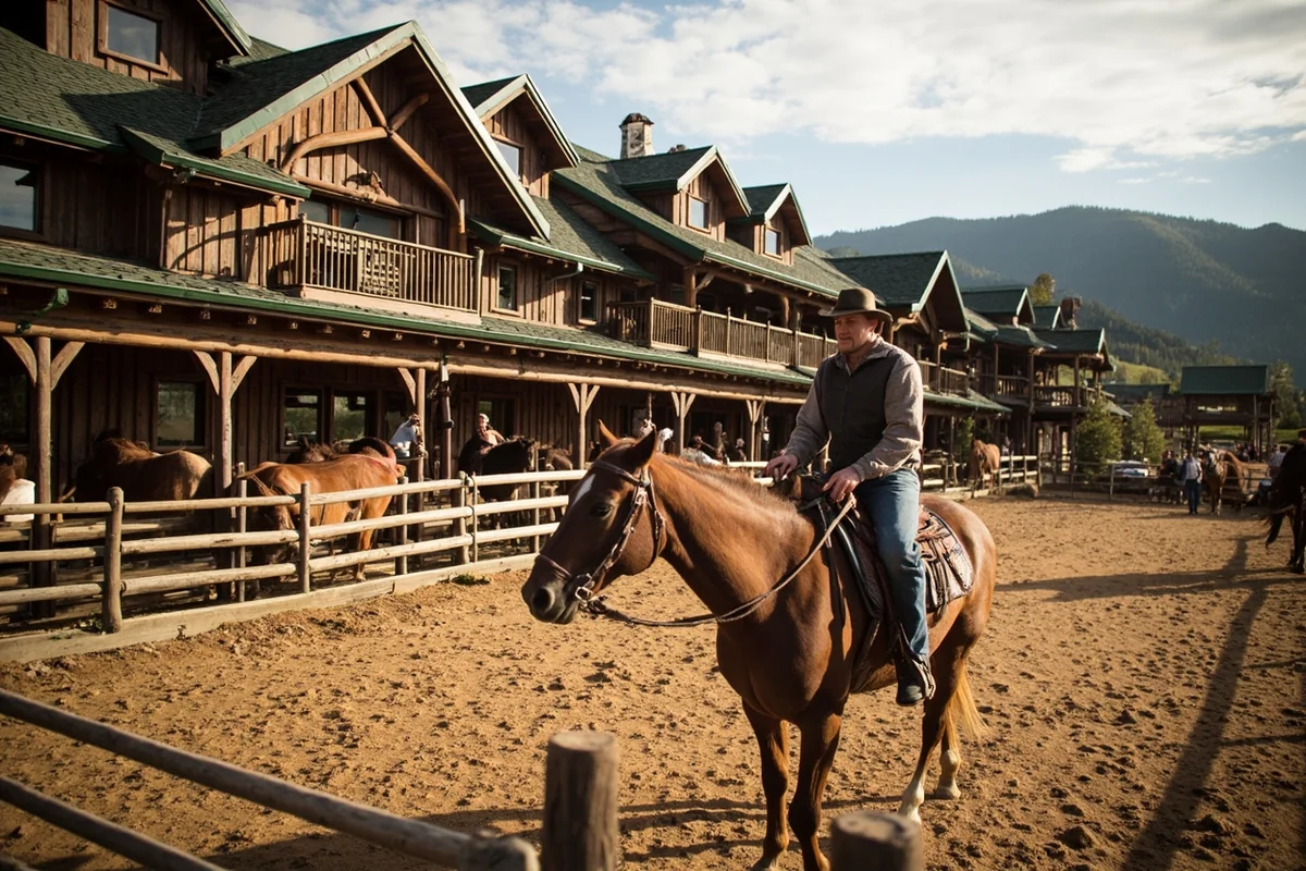 Rustic dude ranch lodge with horses in corral