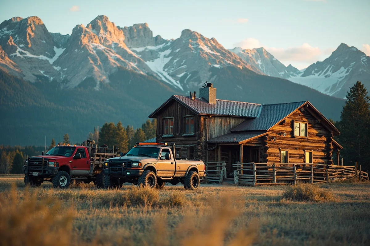 Rustic hunting lodge near mountain range with trucks parked outside