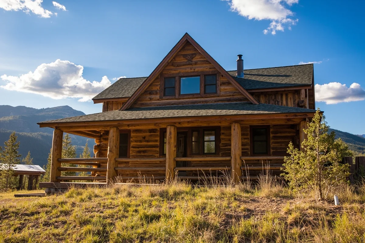 Rustic log cabin exterior at Montana dude ranch with mountain backdrop