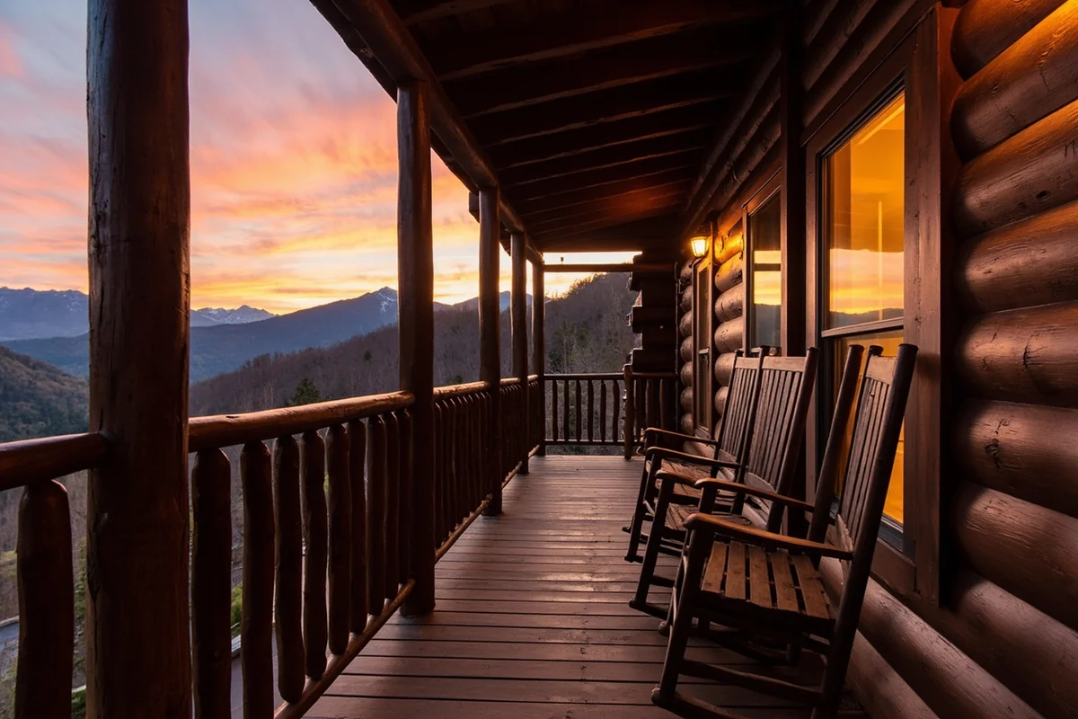 Rustic log cabin exterior with rocking chairs and mountain view at sunset