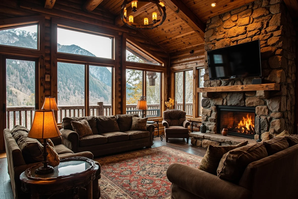 Rustic luxury cabin interior with stone fireplace and mountain views through large windows
