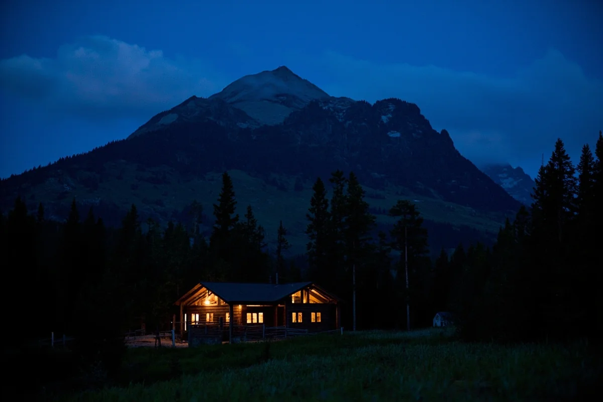 Rustic Montana cabin with mountain backdrop at dusk, warm lights glowing from windows