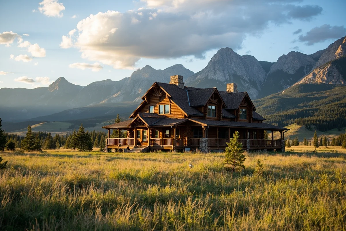 Rustic Montana ranch lodge with mountains in background