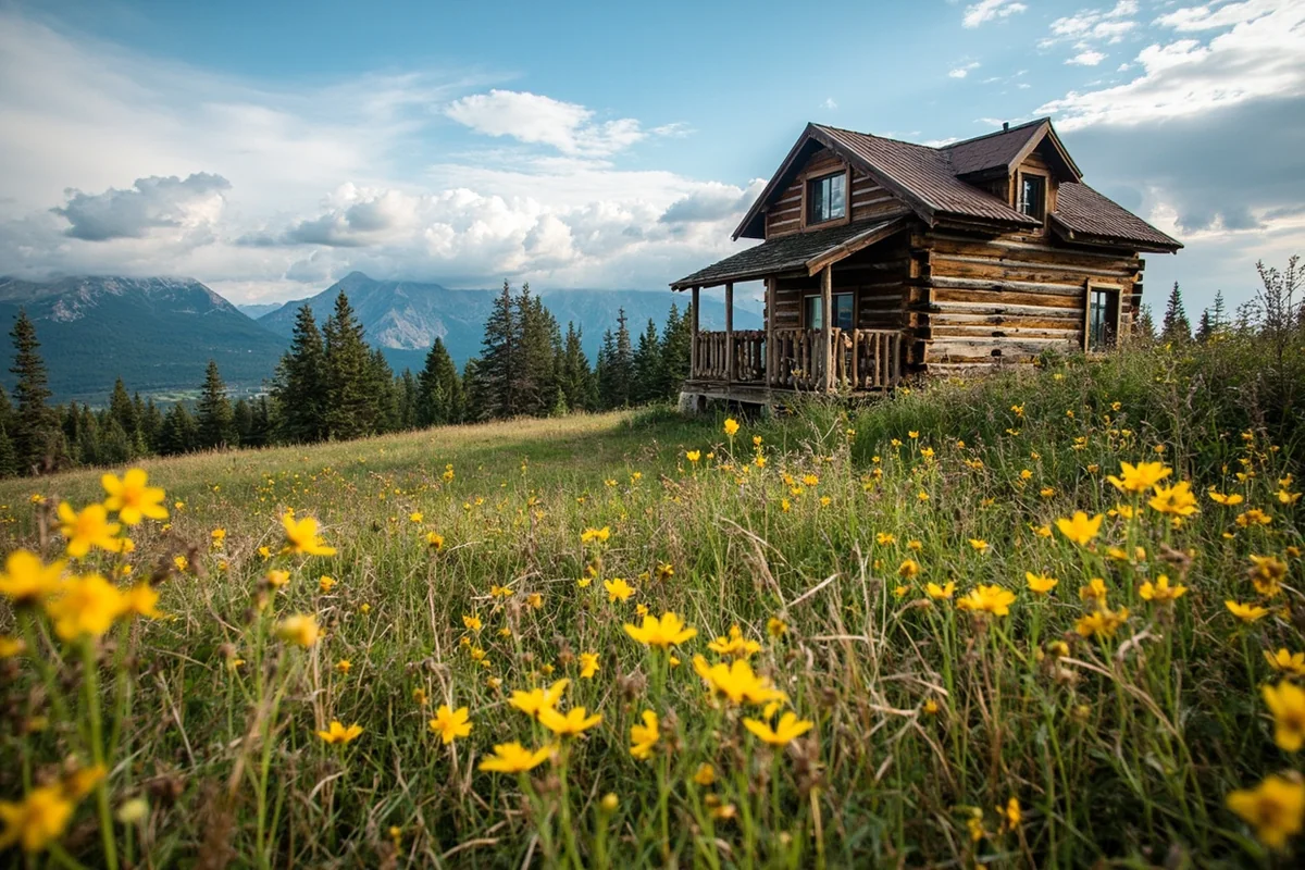 Rustic wooden cabin with a porch in Polebridge surrounded by wildflower meadows with mountains in the distance