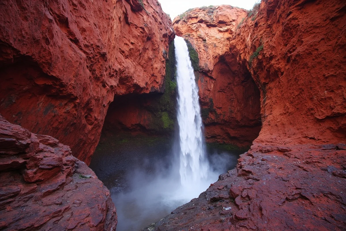 Sacred Dancing Cascade flowing down red argillite rock face with morning mist rising from the falls