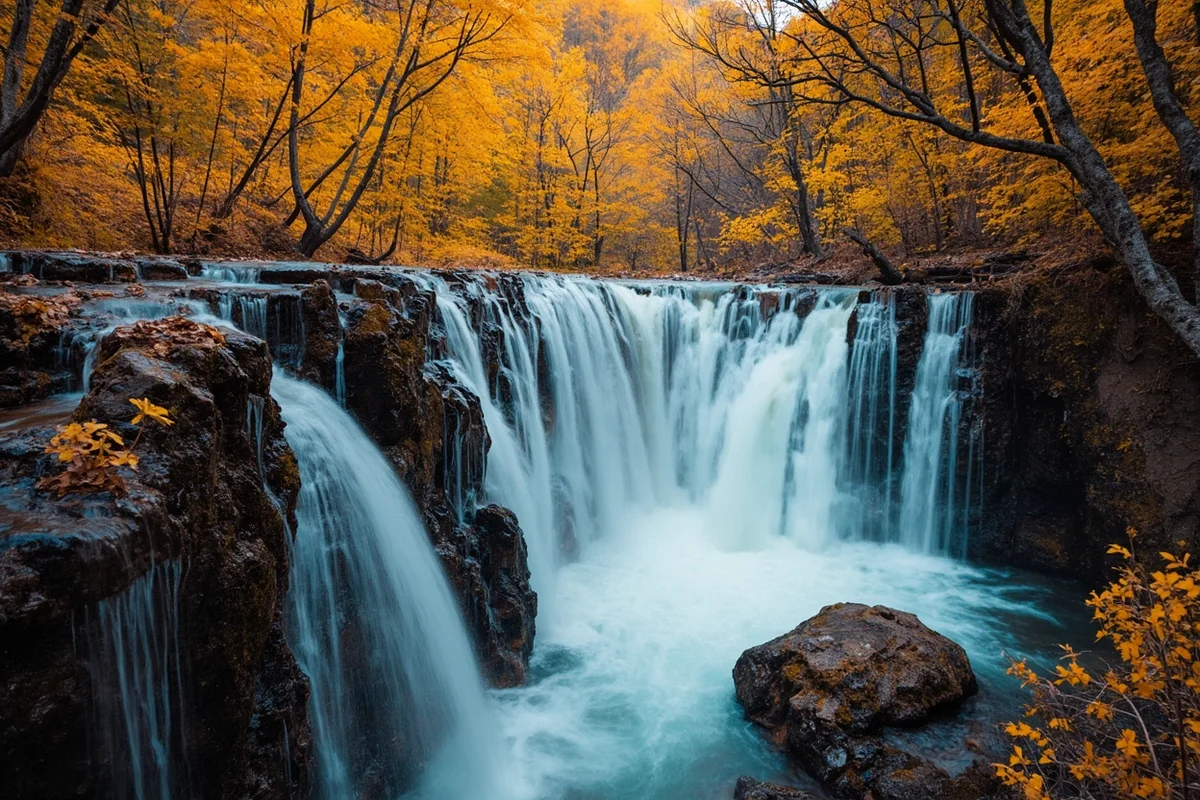 Sacred Dancing Cascade in early fall with reduced water flow showing exposed rock layers and surrounding golden vegetation