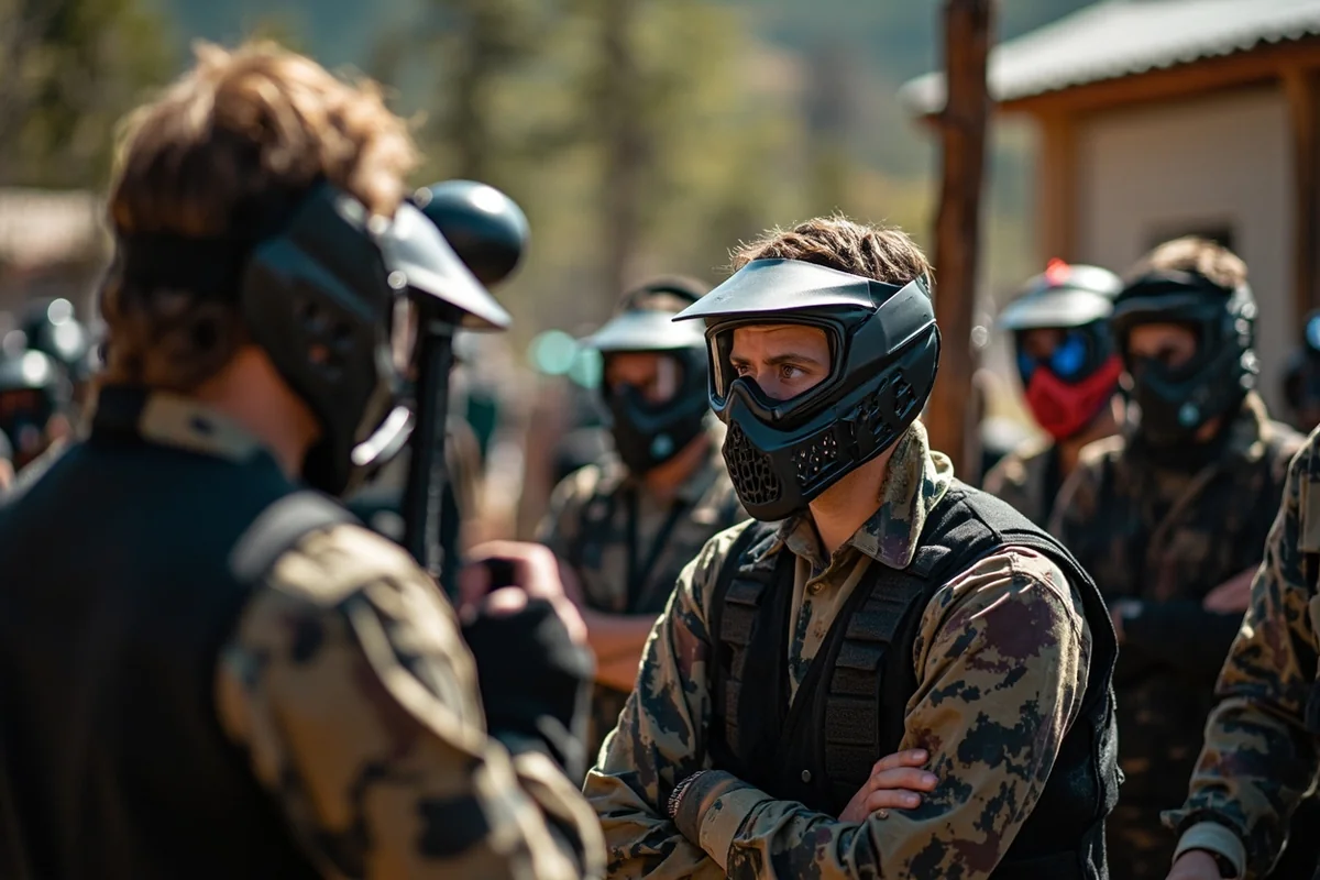 Safety briefing at a Montana paintball facility with referee explaining rules to a group of players wearing masks around their necks