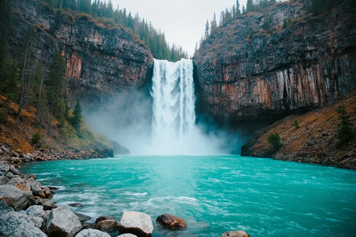 Saint Mary Falls cascading into turquoise pool with rocky cliffs on either side