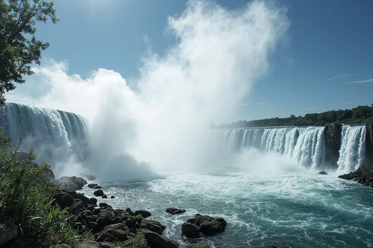 Salamander Falls during peak spring runoff with powerful water flow creating massive spray clouds