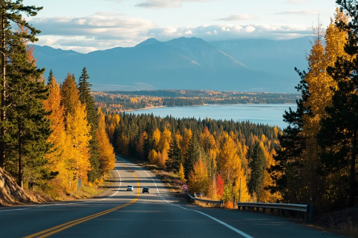 Scenic drive along Highway 93 near Flathead Lake with autumn colors