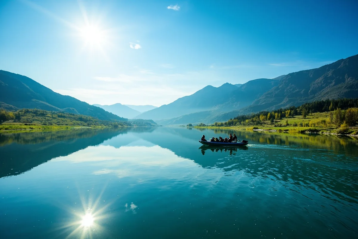 Scenic float trip on calm section of river with mountains and blue sky reflected in water