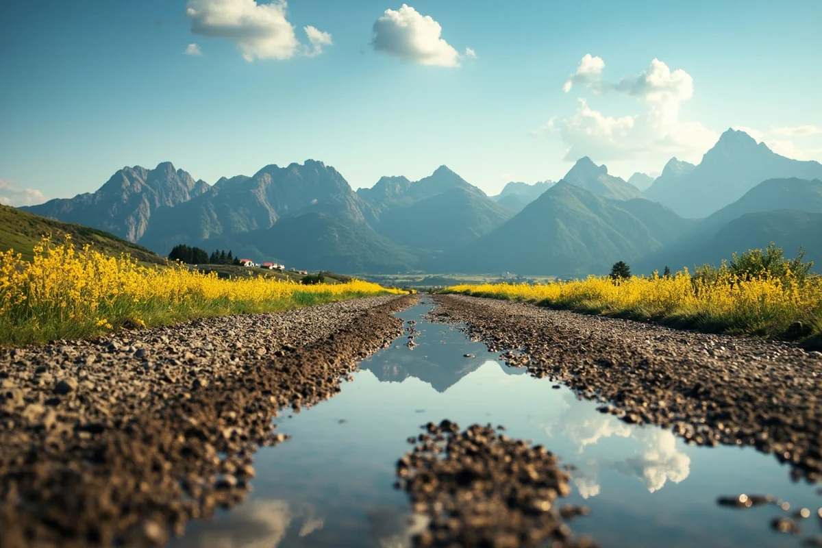 Scenic gravel road with spring mud puddles and mountains in distance