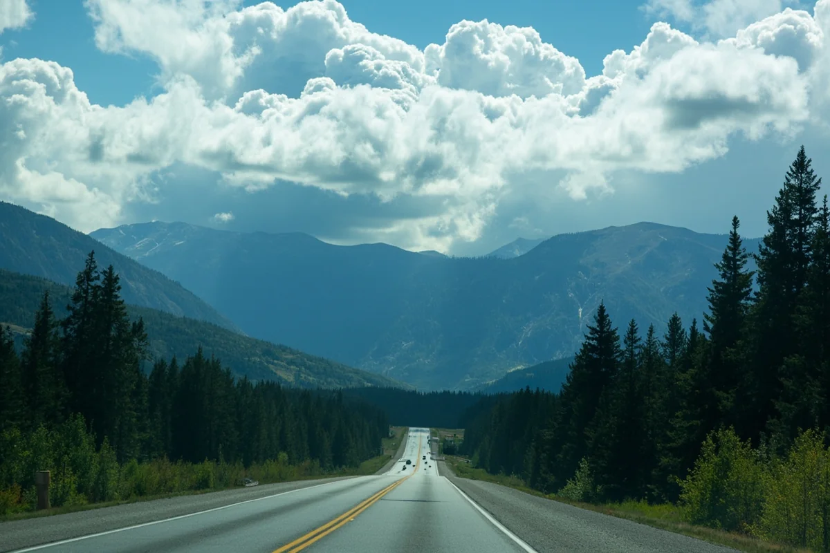 Scenic highway cutting through Montana mountains with dramatic cloud formations