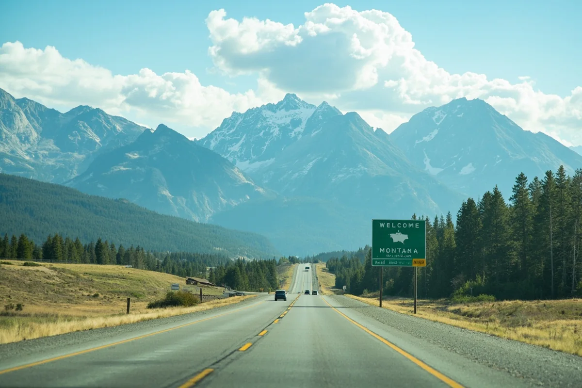 Scenic highway entering Montana from Wyoming with Welcome to Montana sign and mountain backdrop