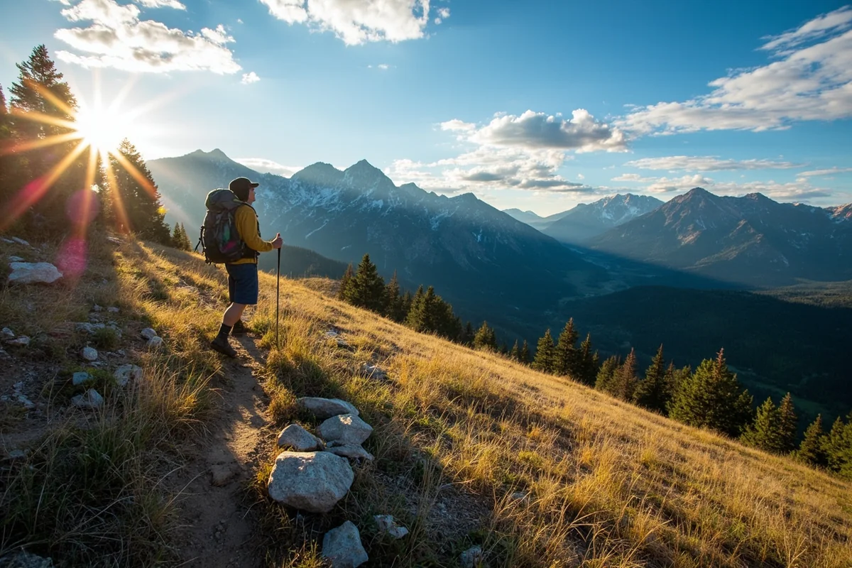 Scenic hiking shot showing the Absaroka Mountains, perhaps a trail with a hiker in the distance, showcasing the dramatic landscape surrounding Chico