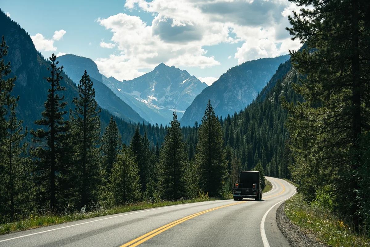 Scenic Hyalite Canyon Road with mountain views and dense forest