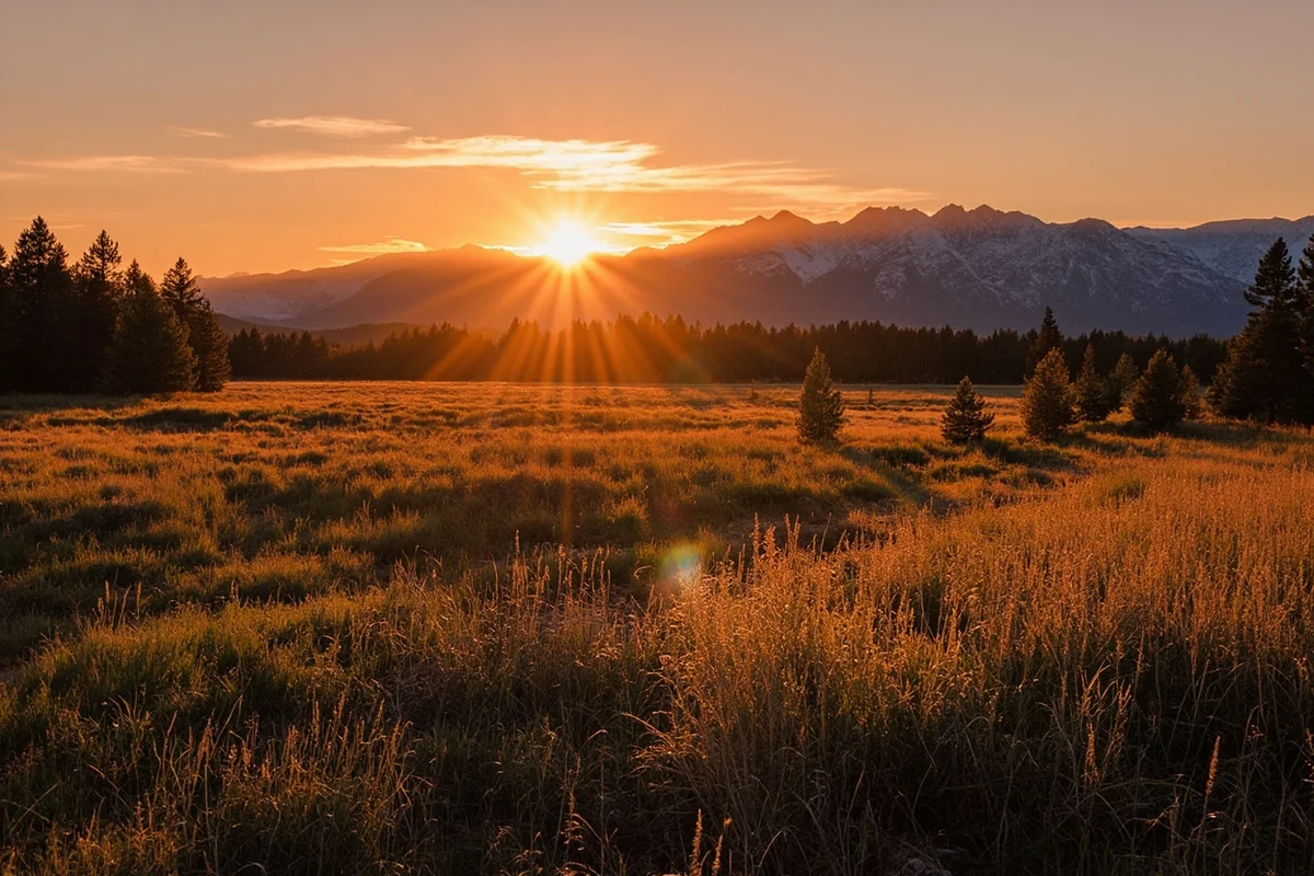 Scenic landscape shot of Montana river bottom deer habitat at sunset with mountains in background