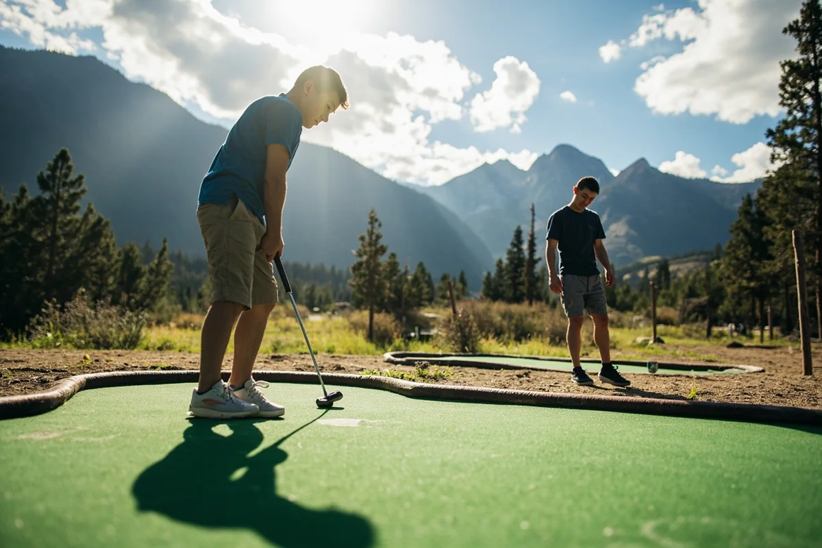 Scenic mini golf course in Montana with mountain backdrop and family putting