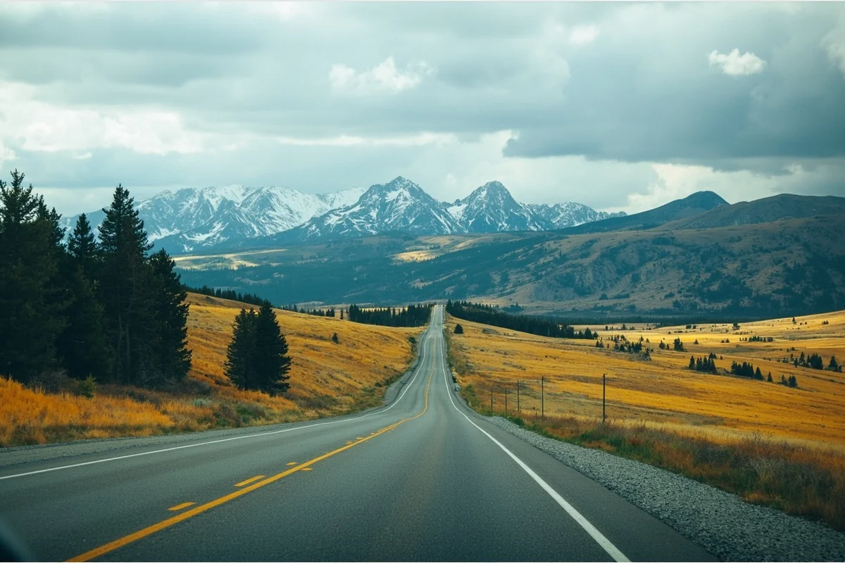 Scenic Montana highway through mountain pass with no cell towers visible, illustrating remote terrain