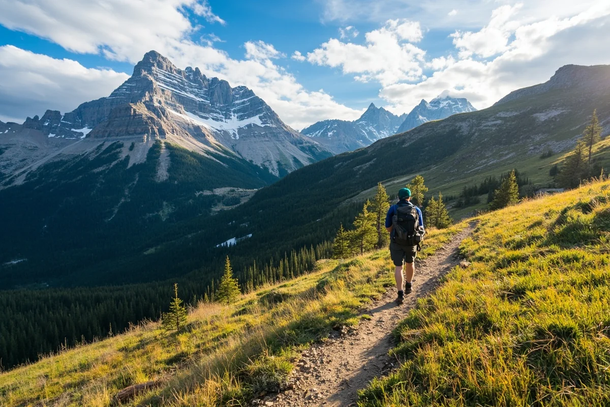 Scenic Montana mountain landscape with hiker on trail, representing outdoor recreation in Big Sky Country