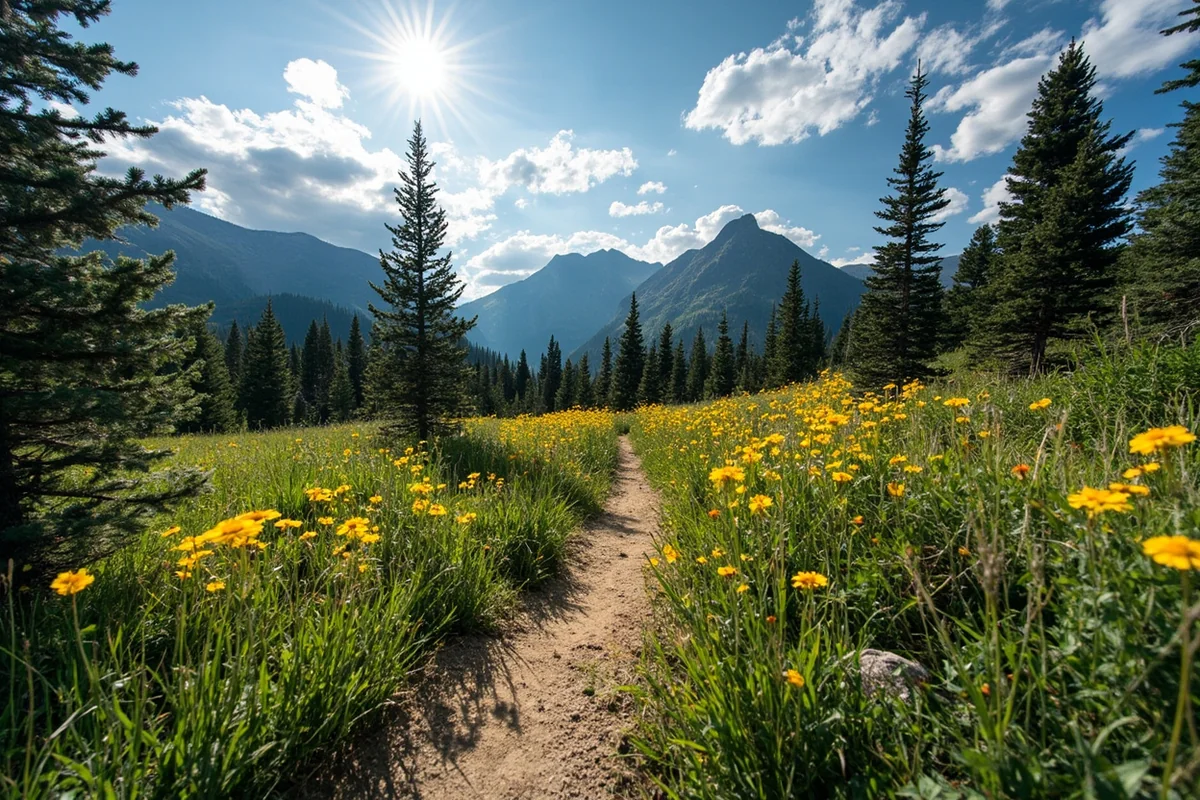 Scenic Montana state park landscape with hiking trail and wildflowers