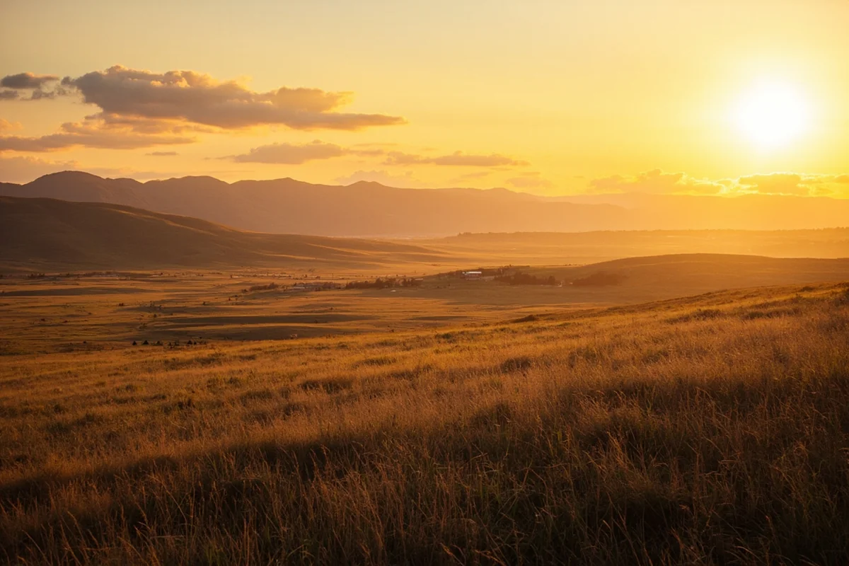 Scenic Montana valley with rolling hills and a distant ranch property at golden hour