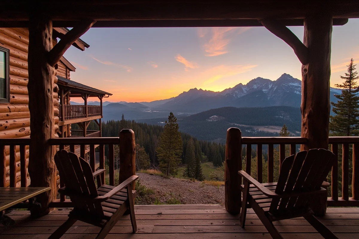 Scenic mountain vista from a cabin porch near Bozeman at sunrise