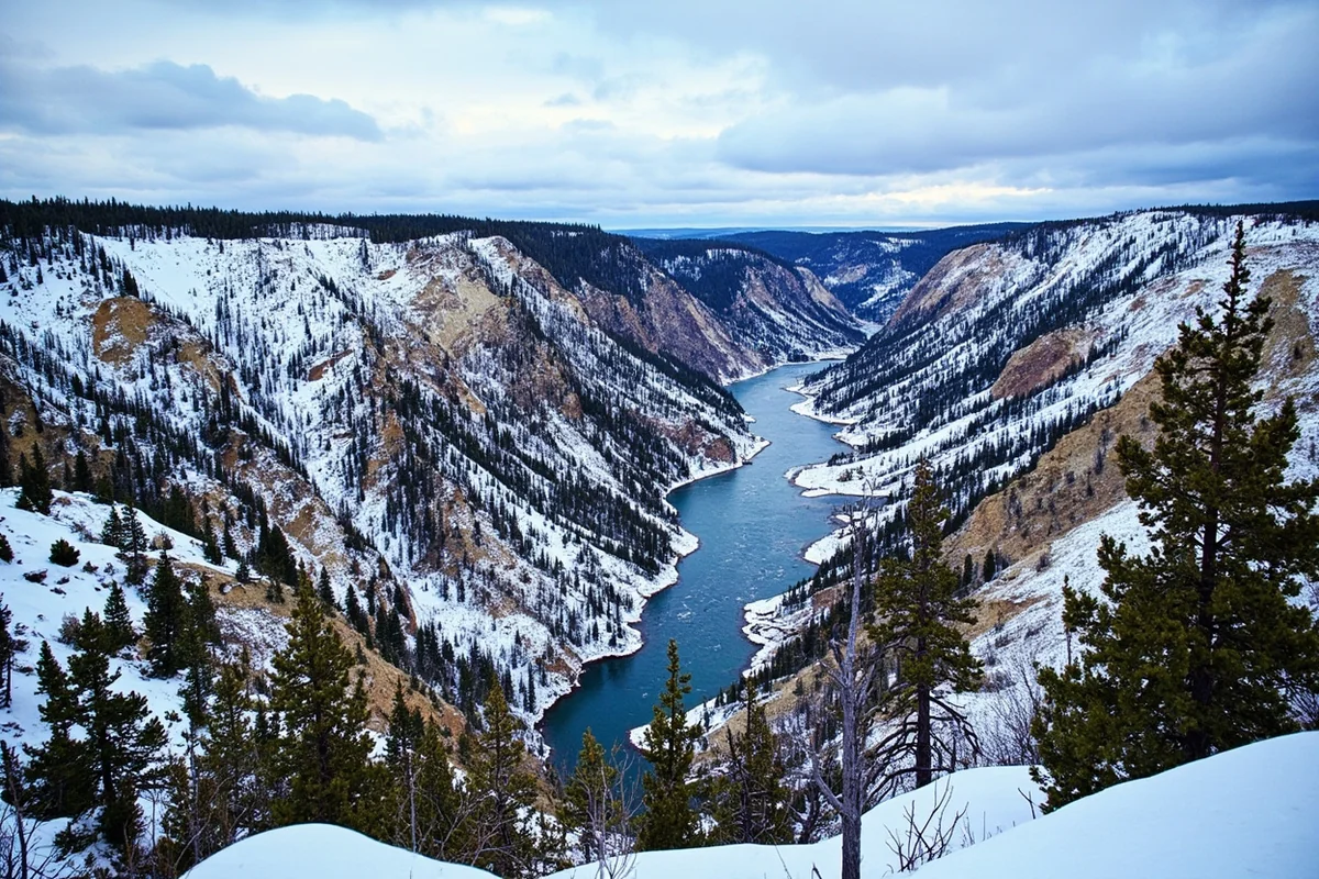 Scenic overlook of Paradise Valley with Yellowstone River winding through snow-dotted landscape