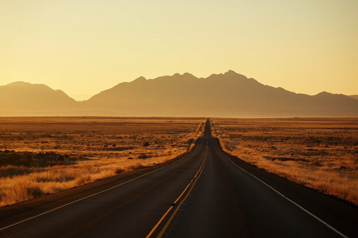 Scenic two-lane highway cutting through Montana prairie with mountains in distance, late afternoon golden light