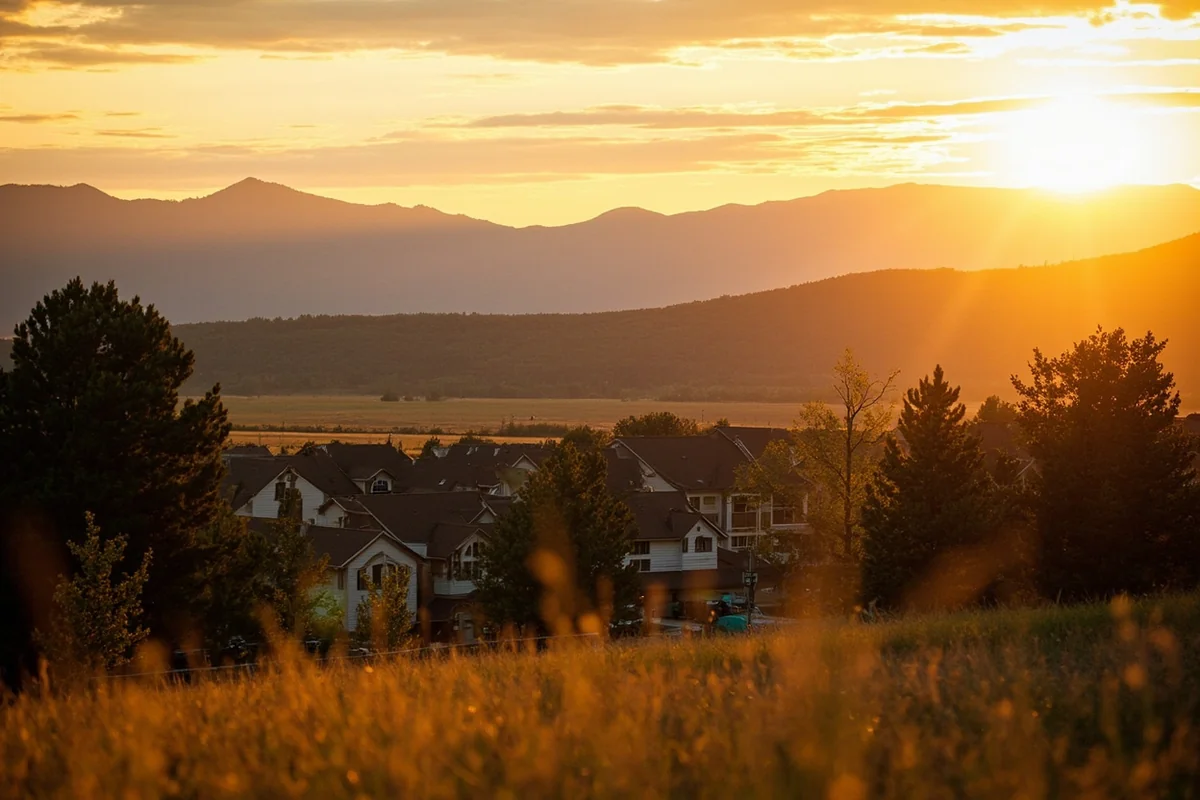 Scenic view of a Montana retirement community with mountain backdrop during golden hour