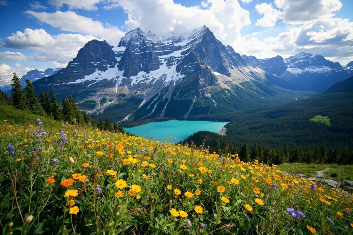 Scenic view of Glacier National Park with dramatic mountain peaks and wildflower meadow