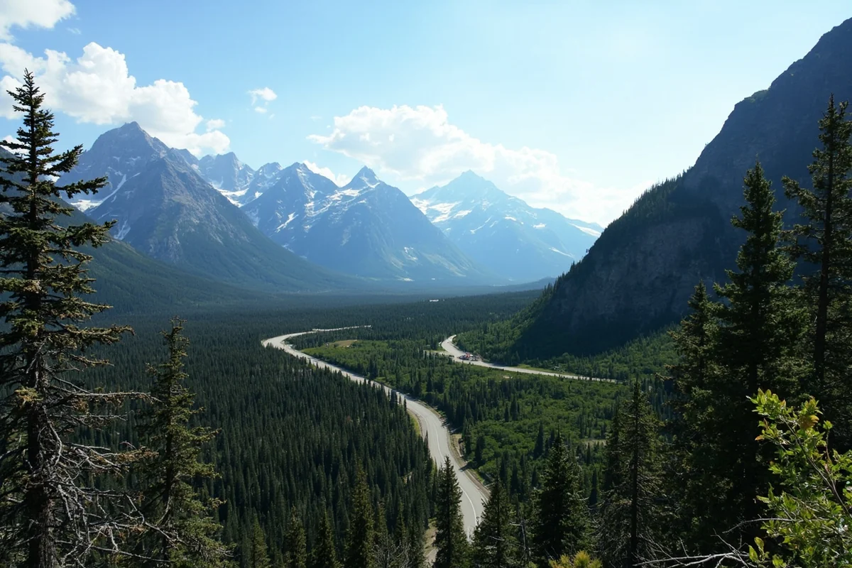 Scenic view of Going-to-the-Sun Road winding through Glacier National Park with mountain peaks in background