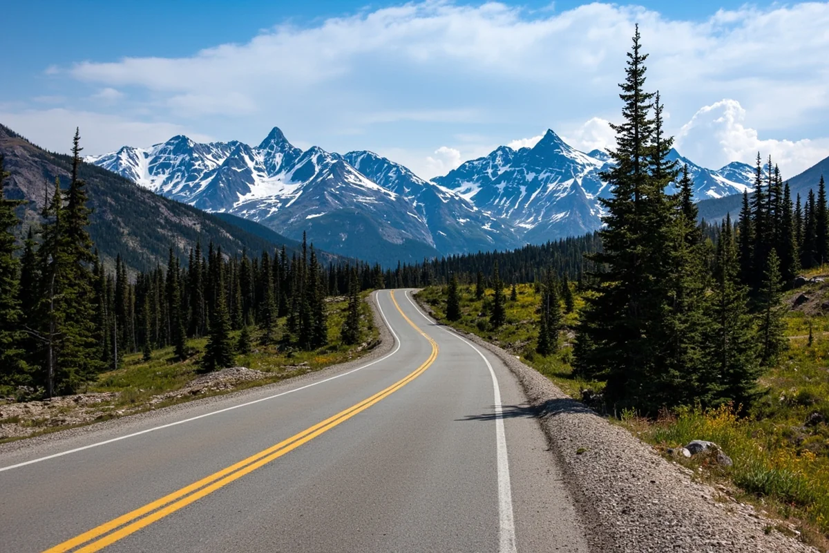 Scenic view of Going-to-the-Sun Road with snow patches on mountain peaks, showing seasonal conditions