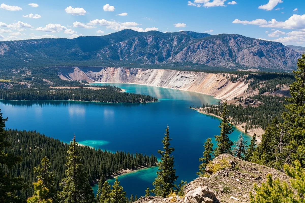 Scenic view of Hebgen Lake with Earthquake Lake visible in the background, showing the dramatic landscape formed by the 1959 earthquake
