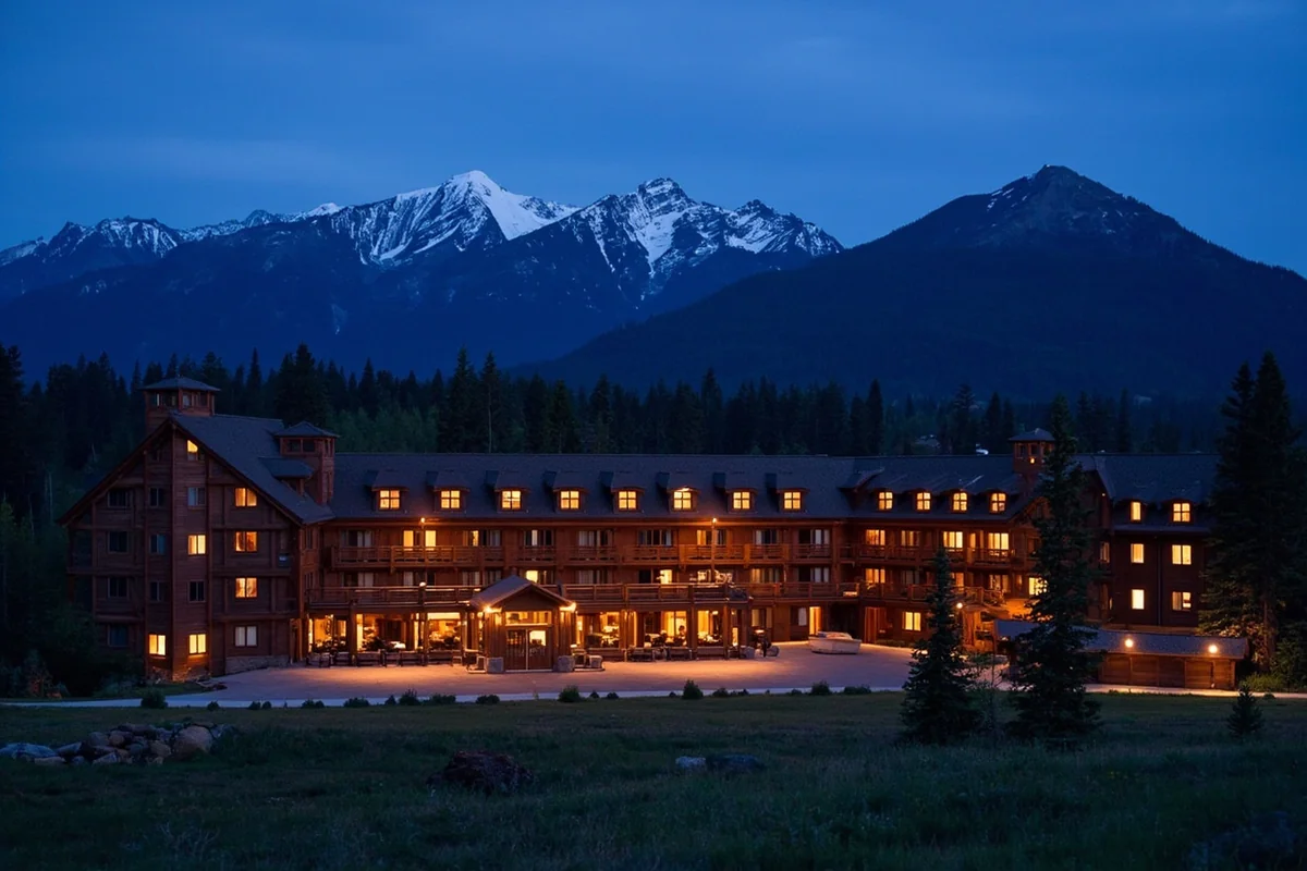 Scenic view of Many Glacier Hotel at dusk with mountains in background, caption noting the building's exterior lights attract diverse moth species