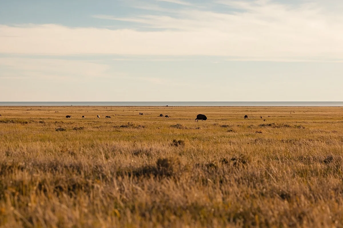 Scenic view of the National Bison Range grasslands with deer visible in the distance
