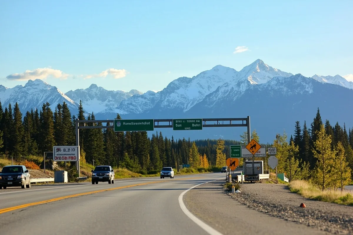 Scenic view of the US-Canada border crossing at Chief Mountain with Rocky Mountains in background