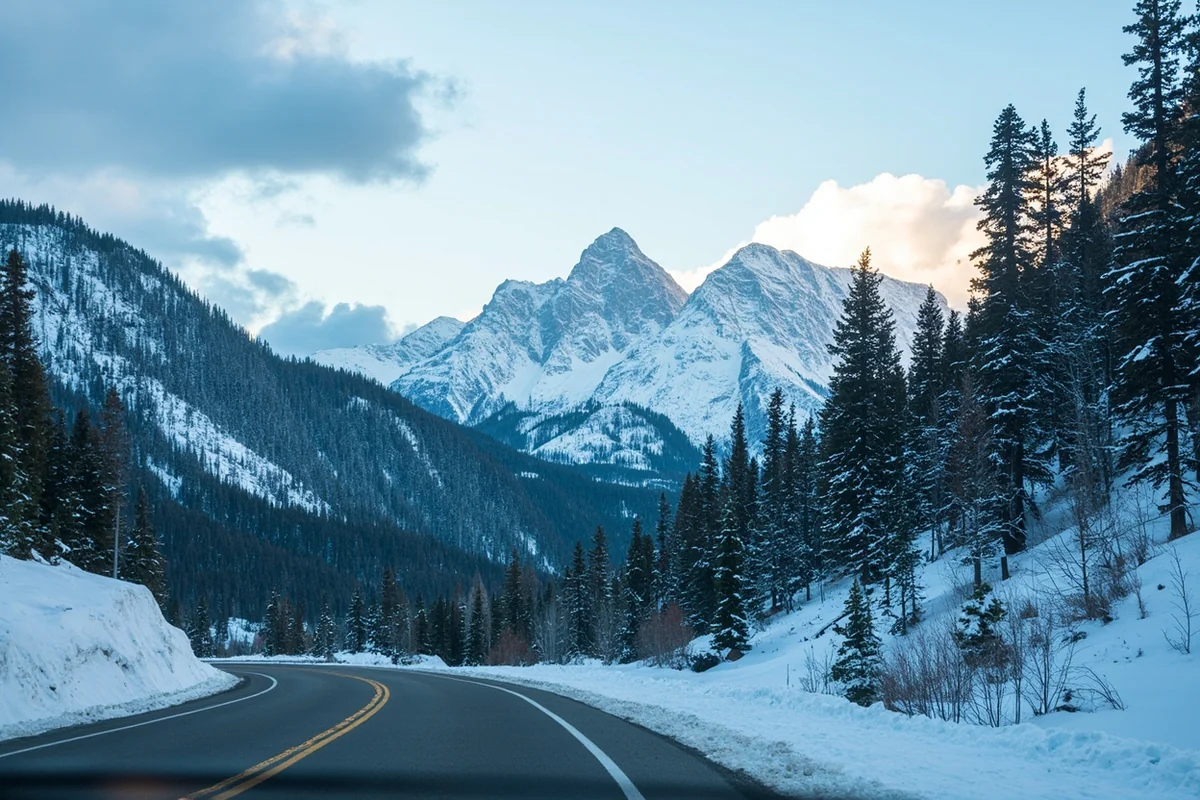 Scenic winter drive through Montana mountain valley with snow-covered peaks and winding highway