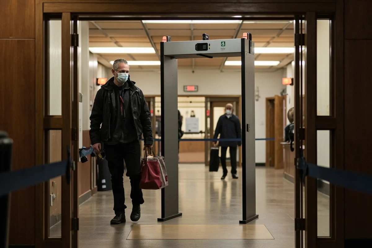 Security checkpoint at a Montana courthouse entrance with metal detector