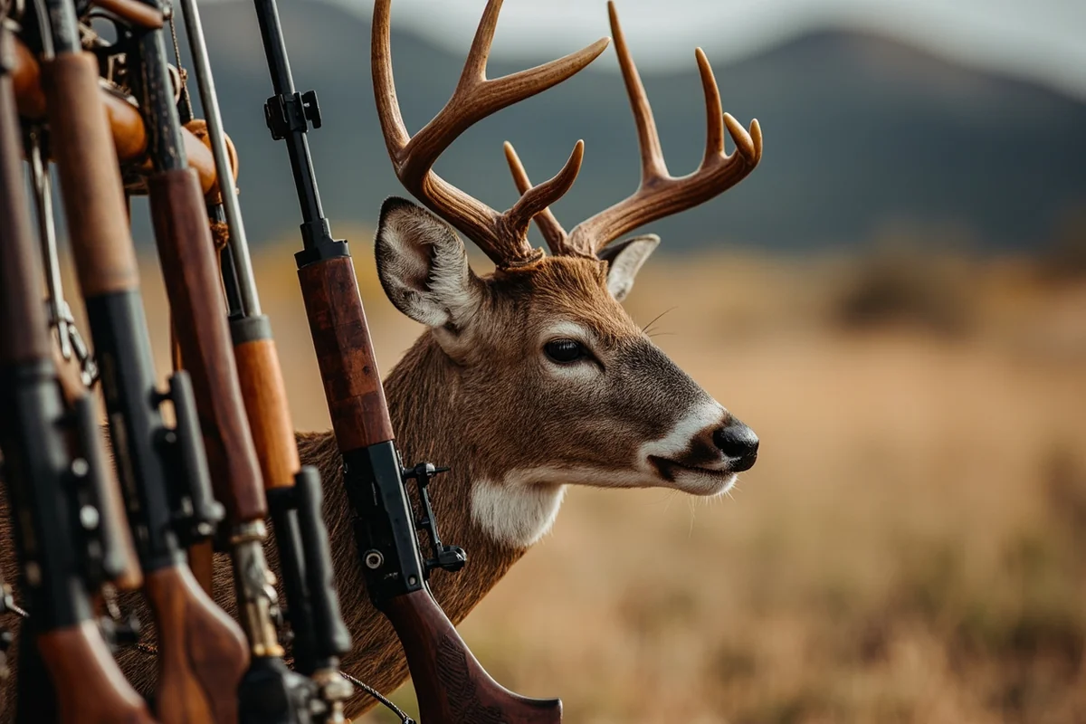 Selection of legal hunting weapons for Montana deer including rifle, bow, and muzzleloader