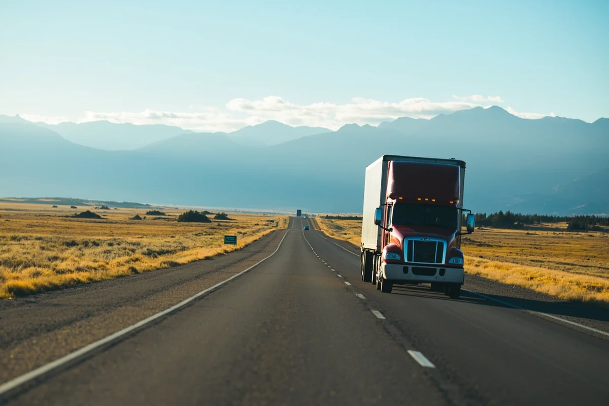 Semi-truck on empty Montana highway with mountains in background