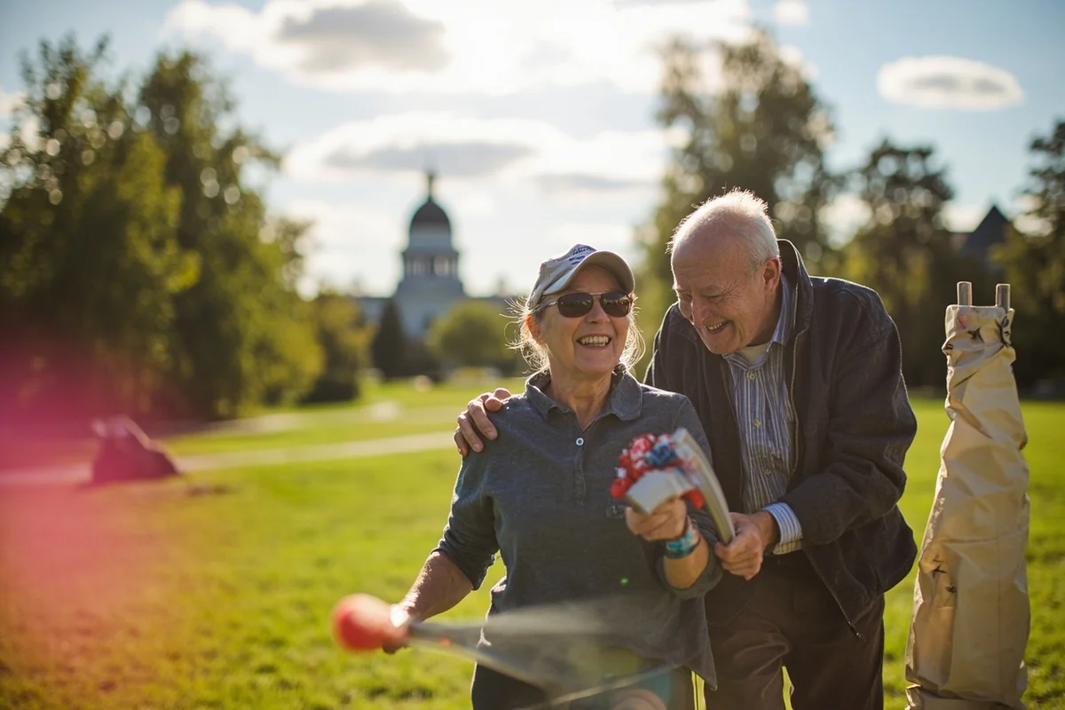 Seniors enjoying outdoor activities at a Helena retirement community with Capitol building visible in distance