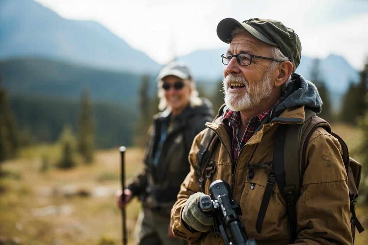 Seniors participating in outdoor activity with Montana wilderness backdrop
