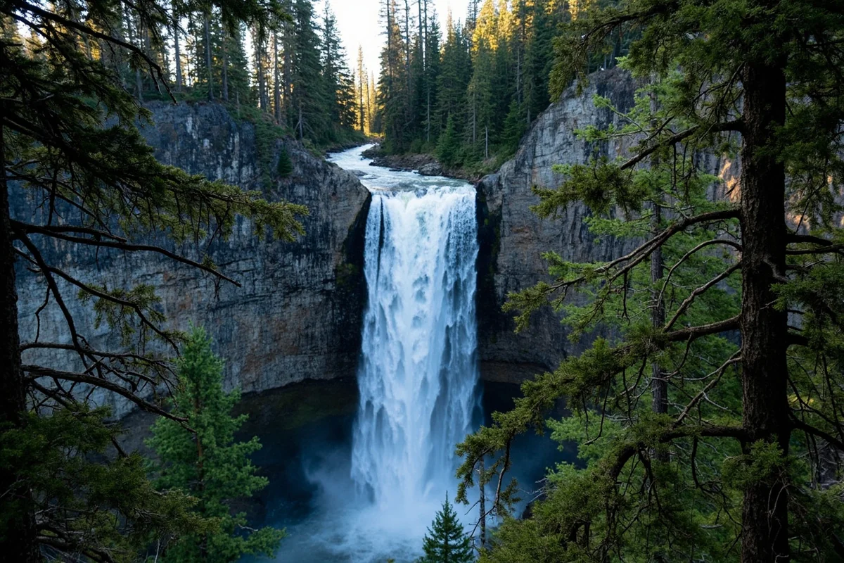 Sentinel Falls cascading down rocky cliff face with evergreen trees framing the scene
