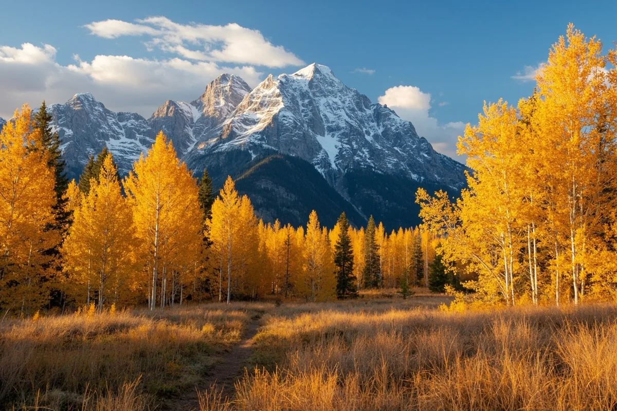 September landscape in Montana showing early fall colors with golden aspen trees against mountain backdrop